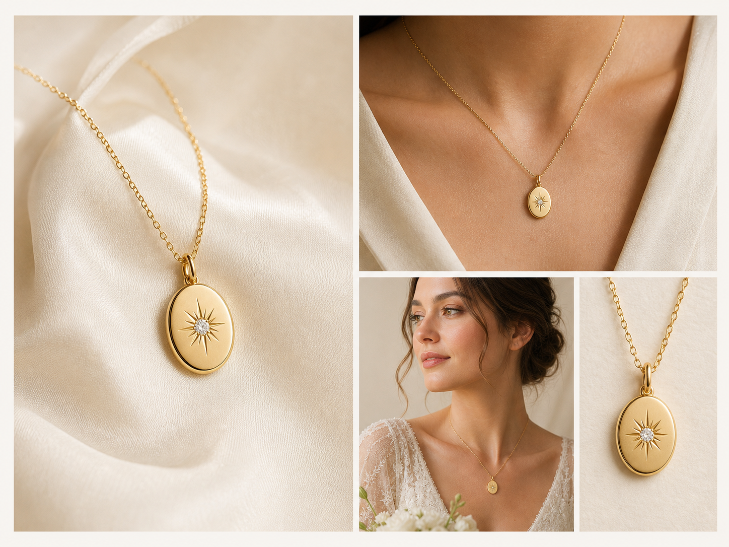 The same gold pendant shown as a source product photo, on a model, in a bridal campaign, and as a storefront detail